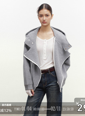 CODICE LAB 灰色不规则剪裁连帽毛呢外套大衣保暖百搭上衣秋冬季