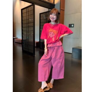 【BORAKOO】荷叶花苞腰水洗八分阔腿裤 （松紧腰）