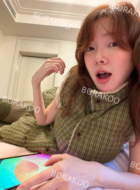 【BORAKOO】绿咖色格纹宽松下摆抽绳马甲