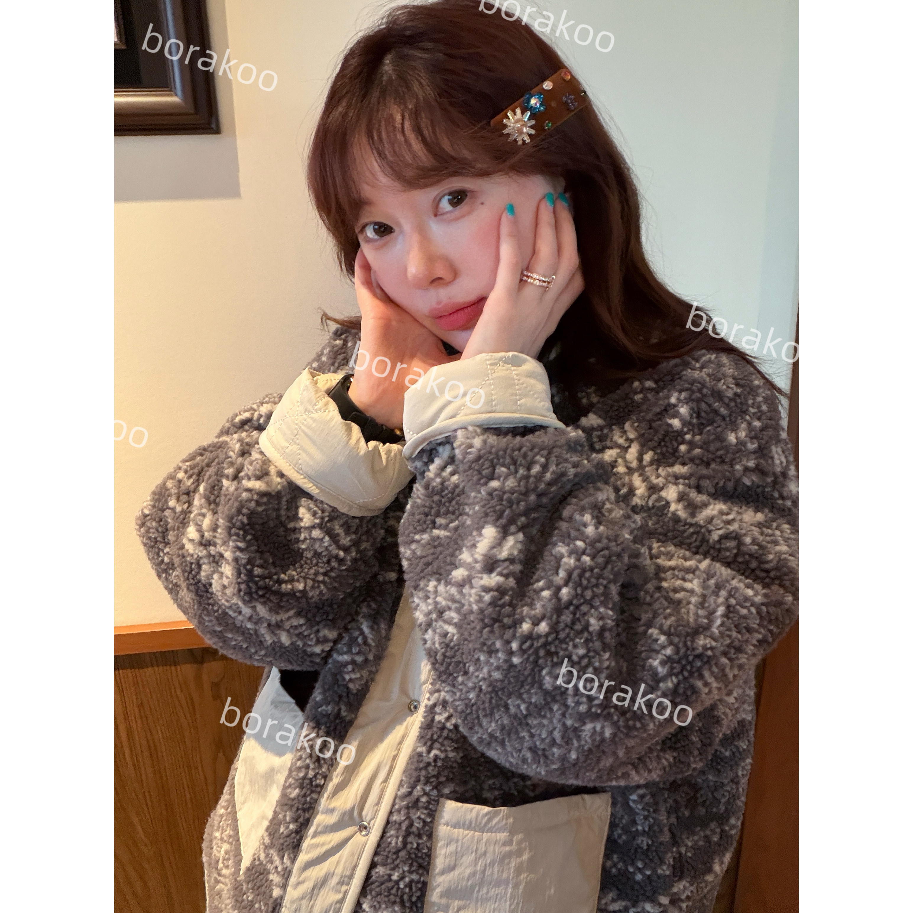 【BORAKOO】典雅灰韵~撞色提花圆领棉服外套(可双面穿)