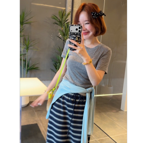 【BORAKOO】藏蓝色条纹休闲半身裙