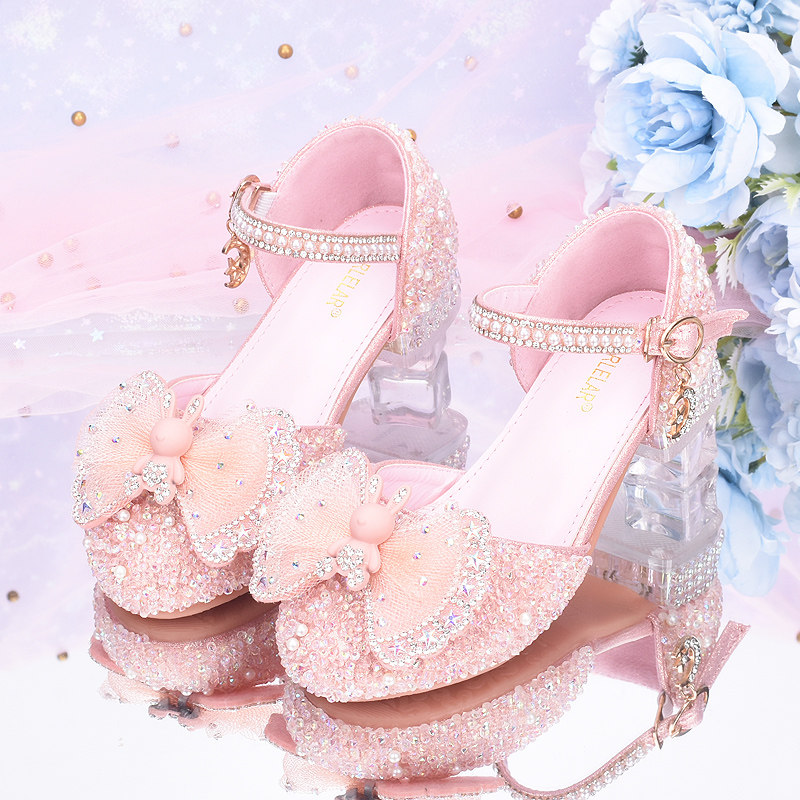 女童爱莎公主鞋兔子头像儿童高跟鞋女孩水晶鞋冰雪奇缘皮鞋休闲鞋