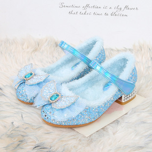 女童高跟鞋新款秋冬加绒爱莎公主鞋灰姑娘水晶鞋配礼服艾莎女孩鞋