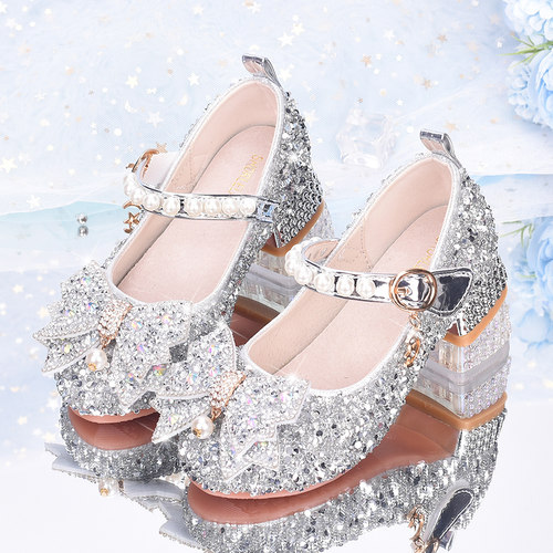 花童银色软底蝴蝶结新款礼服鞋