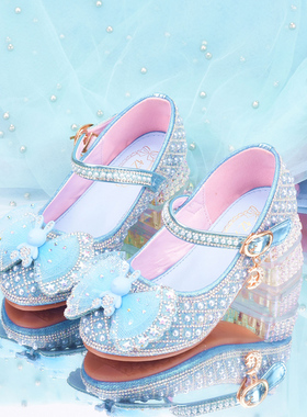 女童高跟鞋蓝色爱莎公主鞋新款儿童皮鞋水钻蝴蝶女孩水晶鞋礼仪鞋