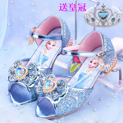 新款女童高跟鞋蓝色冰雪儿童凉鞋爱莎公主水晶鞋紫色库洛米鞋走秀