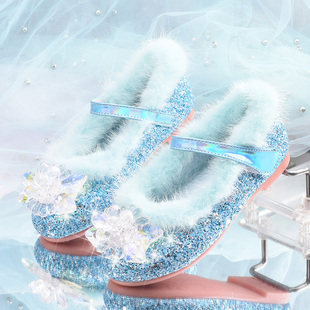 新冰雪公主水晶鞋秋冬女童棉鞋保暖毛毛鞋豆豆鞋配礼服裙子休闲鞋