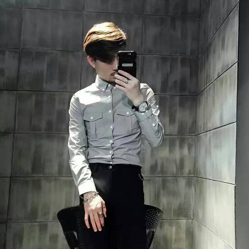 春夏新款英伦长袖衬衫休闲修身潮流韩版纯棉衬衣男士修身纯色衬衫