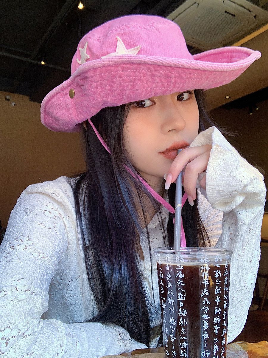 粉色星星西部牛仔帽女夏季时尚百搭渔夫帽户外遮阳登山帽子女款