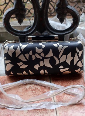 D家Envelope Box绝美方盒形黑金蕾丝印花头层牛皮手拿包链条包