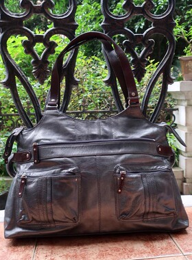 日单HighWay银灰色轻巧多袋设计油蜡牛皮OL百搭通勤款大肩包原560