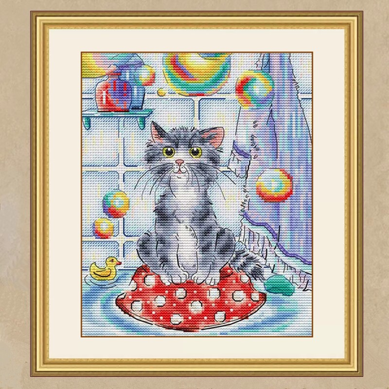 小幅满绣浴室萌猫十字绣自己绣2026新款可爱猫咪与肥皂泡搞怪小猫