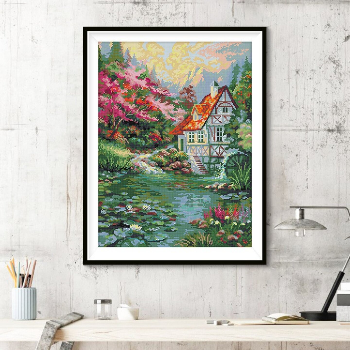 夏日水车小屋十字绣竖版水磨坊