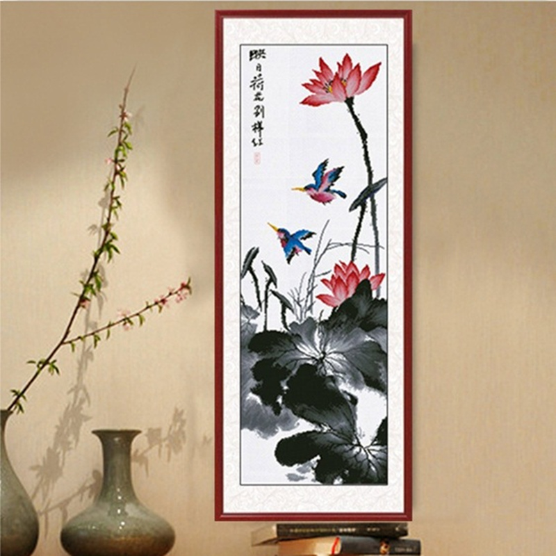 自己绣水墨荷花十字绣竖版国画2025新款莲花客厅玄关线绣简单长条
