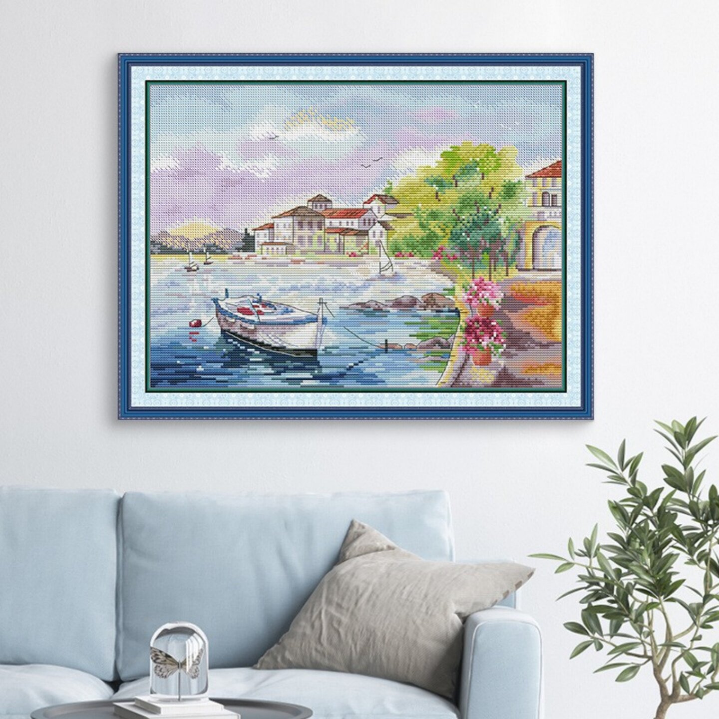 自己绣满绣海边小屋十字绣2026新款油画风景海景小船高清印花客厅