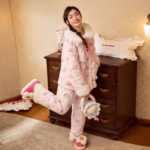 联名款玛丽猫秋冬睡衣女加厚珊瑚绒夹棉保暖家居服