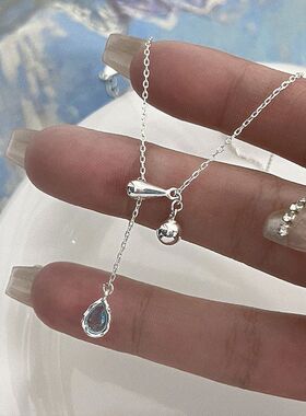 水滴一滴锁骨宝石泪蓝时尚小抽拉式项链蓝色链清新甜美调节简约可