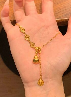 女古法项链复古吊坠链葫芦流苏吉祥如意真金锁骨百搭沙金福字电镀