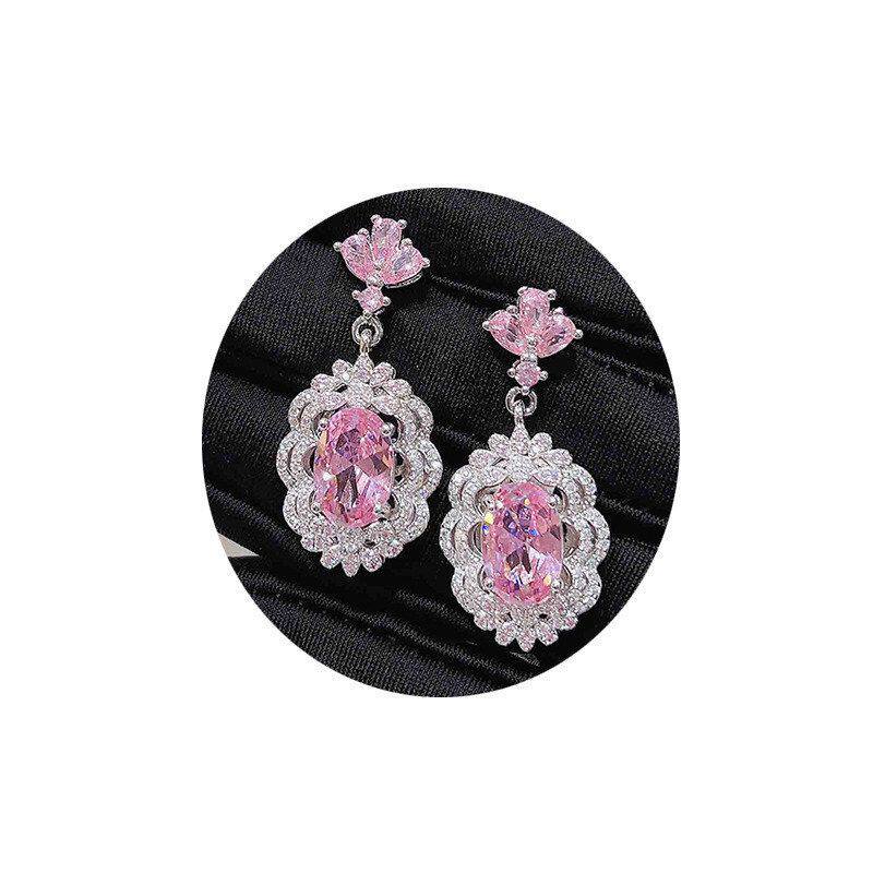 热卖满钻戒指套装仿粉彩宝奢华大型粉石项链跨境水晶聚会耳坠樱花