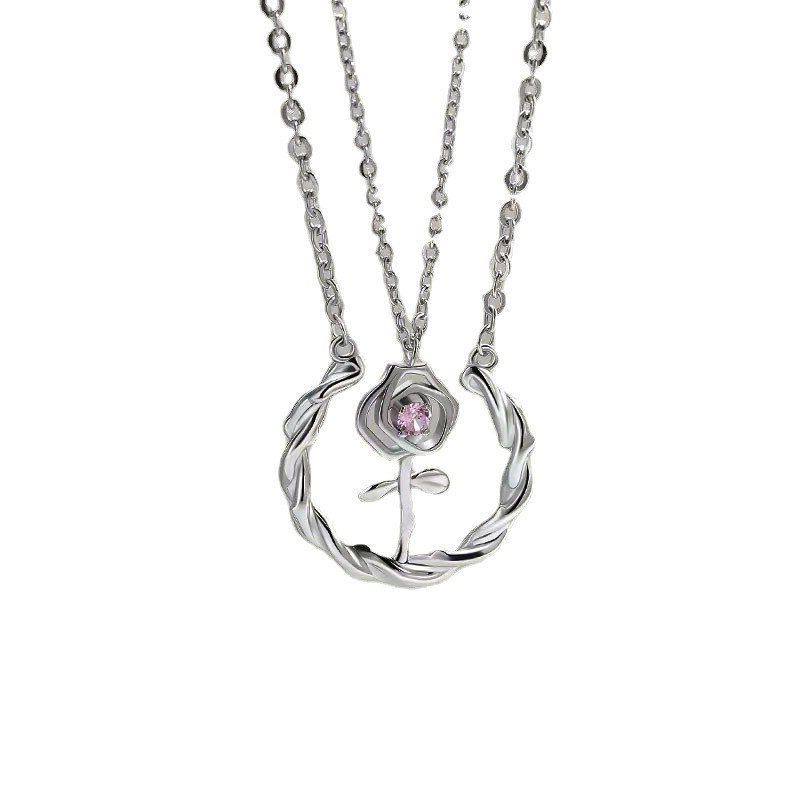 吊坠情侣项链玫瑰荆棘粉色花朵一对锁骨男女清新潮流小众链小粉钻