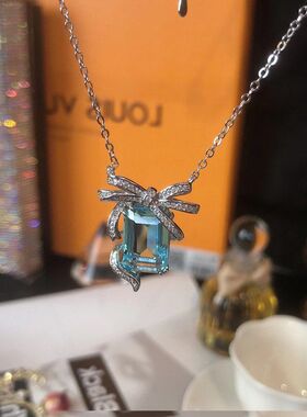 蝴蝶结方形新款项链海蓝宝女轻链奢小众设计网直播批发锁骨蓝色红