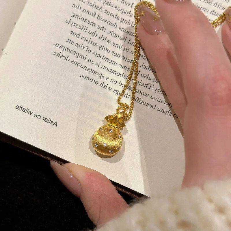 吊坠小福袋轻奢女拉丝新中式链镶钻钱袋子花丝锁骨沙金项链古法