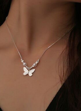 新款小清新蝴蝶碎银白色珍珠项链女轻奢小香风ins感锁骨链批发