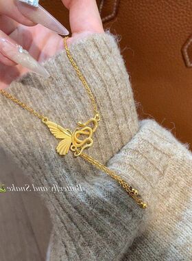 蝶不锈钢吊坠项链奢小众蛇蝶与复古灵蛇蛇年双生女轻流苏锁骨链潮