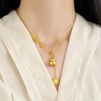 电镀女古法复古锁骨流苏真金百搭吉祥如意链福字沙金葫芦吊坠项链