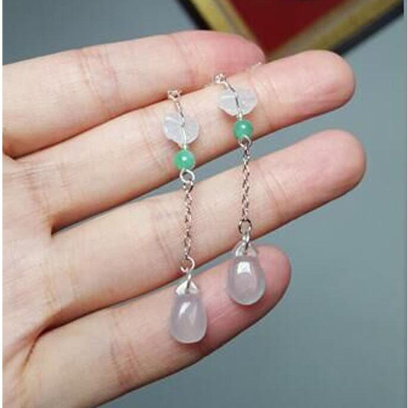 翡翠耳环耳坠天然冰种玉石老坑A货925银镶嵌花朵福瓜耳饰耳线耳钉