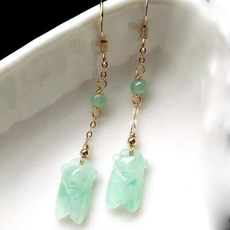 翡翠耳环耳坠a货玉蝉知了金蝉耳饰925银镶嵌耳线天然玉石圆珠耳钉