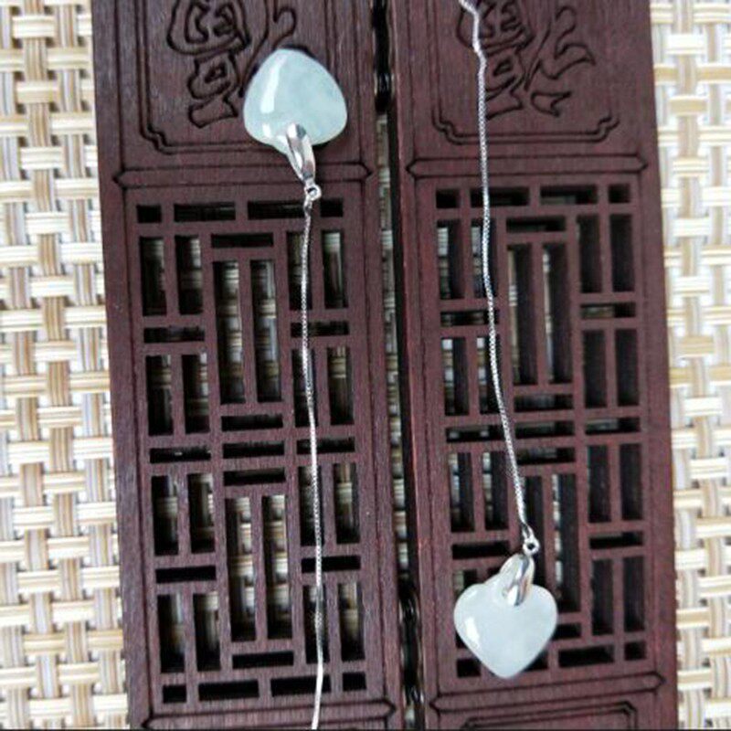 翡翠耳环耳坠A货桃心耳饰925银镶嵌耳线天然玉石原石心型耳钉耳线