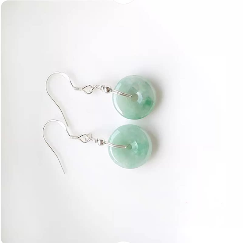 缅甸天然A货翡翠冰种平安扣耳环阳绿纯银玉石扣平安环甜圈圈耳坠