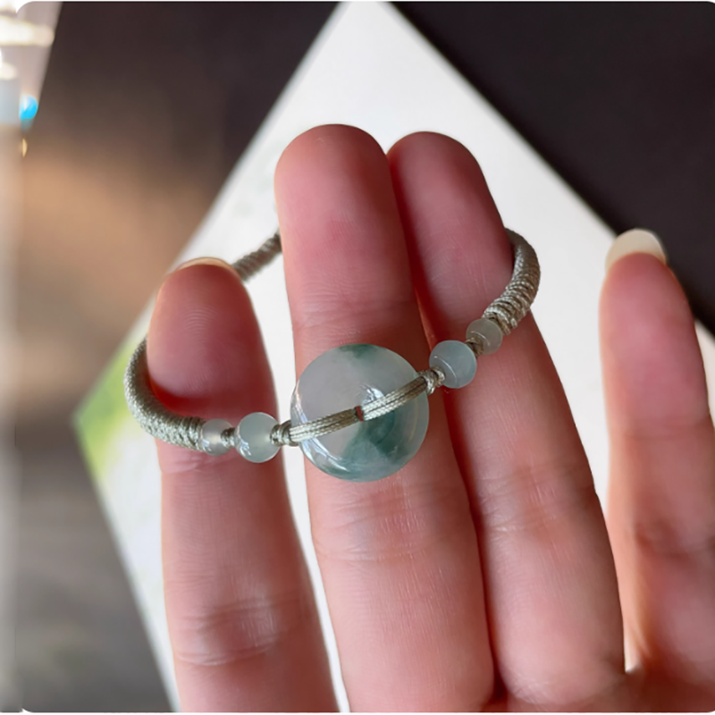 缅甸天然翡翠A货冰种飘花平安扣编制手工手链手串玉石手串手珠饰