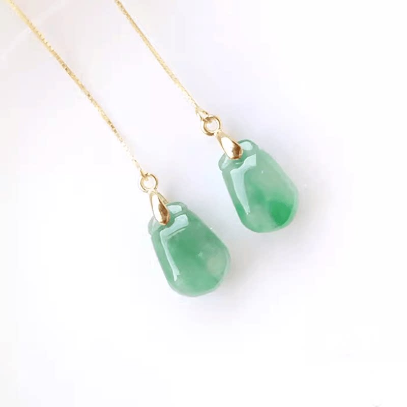 天然A货翡翠阳绿耳环钱袋耳坠S925银耳线淡绿色冰种玉石福瓜耳饰