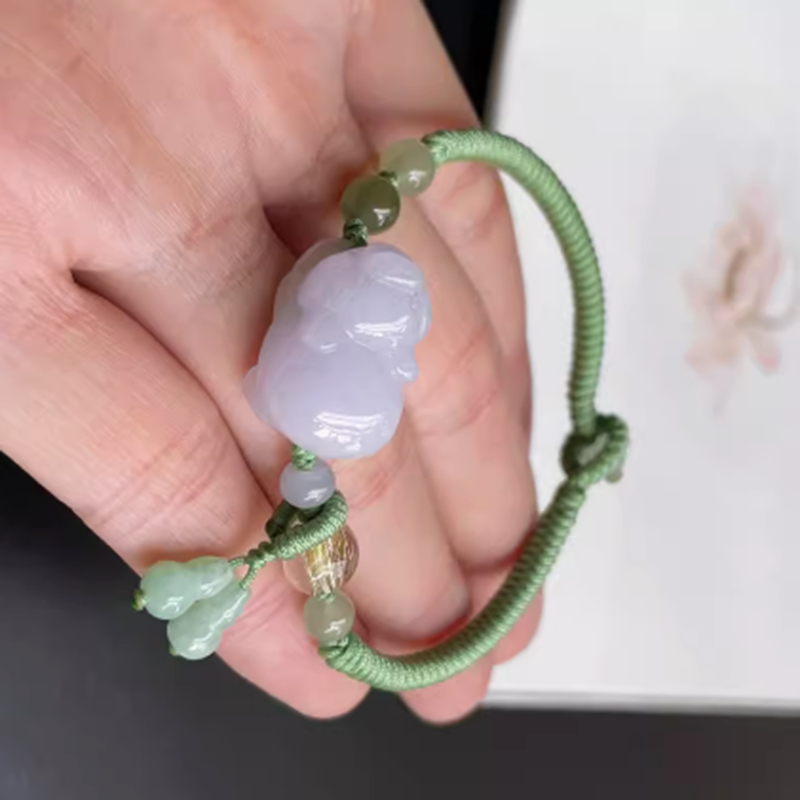天然翡翠招财生肖小猪手绳淡紫罗兰玉福猪手链缅甸玉A货手串手珠