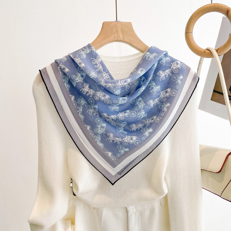 蓝色真丝中方巾丝巾女系脖高级感纱巾乔其纱桑蚕丝围巾装饰小领巾