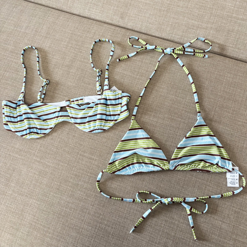澳洲LS三角比基尼泳衣女单品蓝绿横条纹性感绑带钢圈聚拢海滩度假
