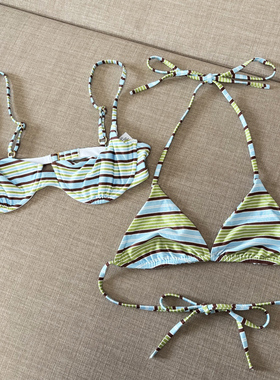 澳洲LS三角比基尼泳衣女单品蓝绿横条纹性感绑带钢圈聚拢海滩度假