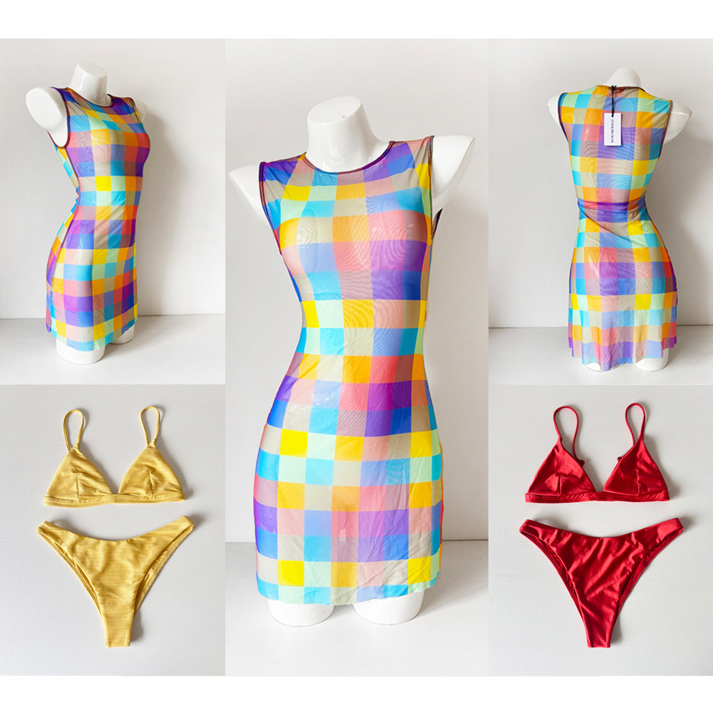 澳洲三角比基尼泳衣女冲浪潜水性感彩格子网纱三件套聚拢沙滩度假