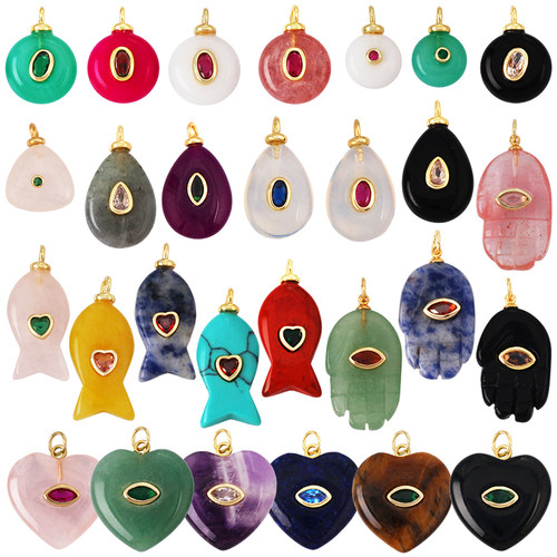 R16 欧美流行 爱心 水滴 半宝石 紫水晶松石红玛瑙黑玛瑙玉石挂件