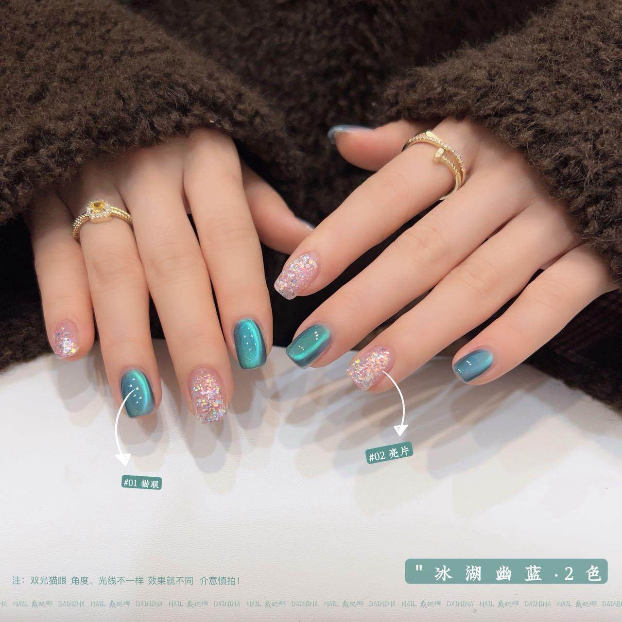 2025秋冬新款网红流行显白双色组合猫眼亮片甲油胶套装美甲店专用