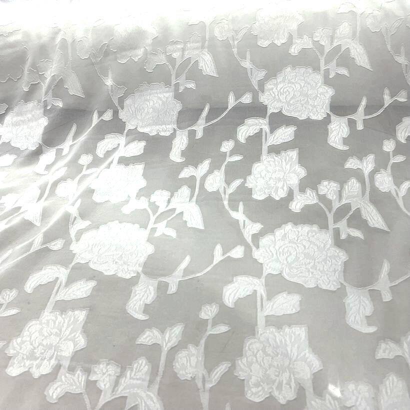 雪纺面料 春夏连衣裙礼服上衣 纯白色半透明底本色牡丹花剪花布料