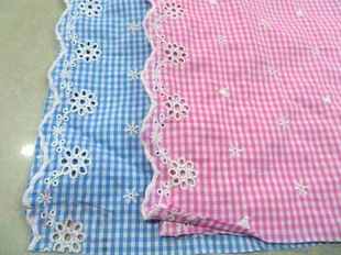 全棉面料 清新春夏天蓝 桃粉白色小方格印花双边精致刺绣提花布料