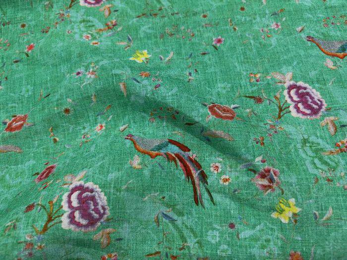 苎麻面料 春夏古风美 靓绿色竹节纹底彩色凤凰牡丹印花时装麻布料