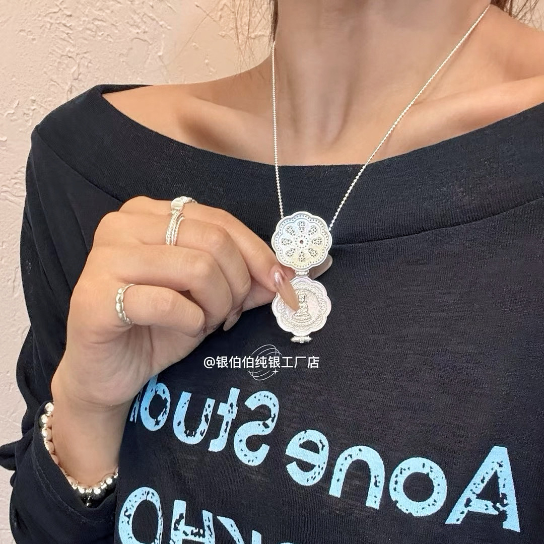 银伯伯纯银可翻盖罗盘项链项链女