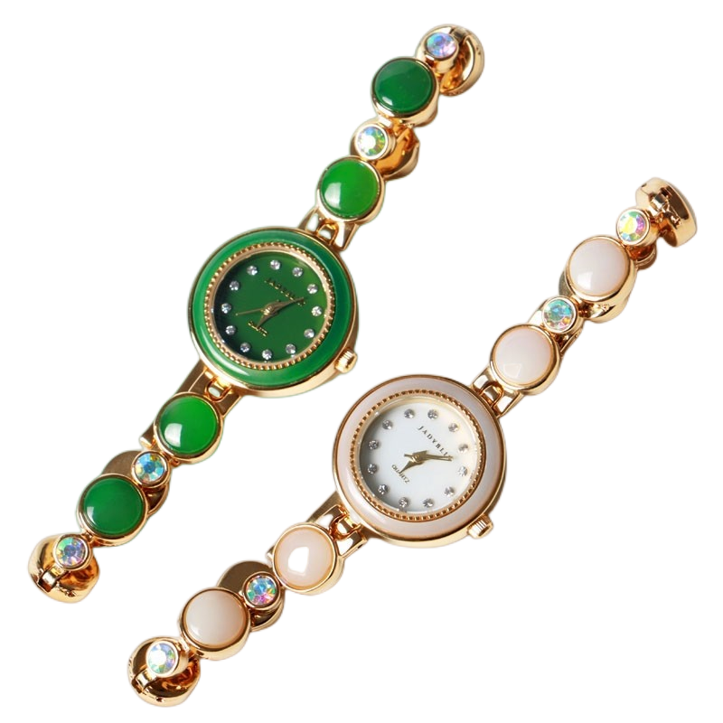 时尚和田玉碧玉手链表女款迷你镶钻小表盘绿色腕表石英表白玉防水