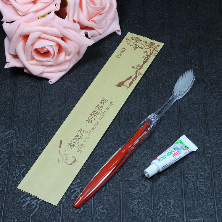 客房用品二合一双色树叶牙具宾馆酒店环保牛皮纸一次性软毛牙刷