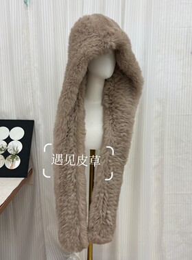 超厚加密加大真毛仿紫貂色兔毛帽子围巾一体风雪帽冬季保暖百搭