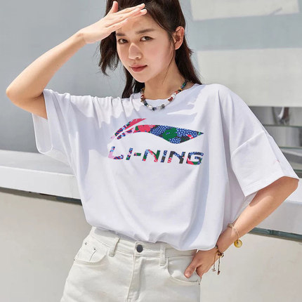 李宁短袖T恤女2024款国潮纯棉圆领宽松半袖夏季薄运动服AHSR706